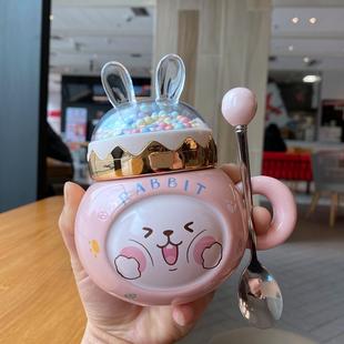 高颜值兔子马克杯可爱女生日礼物陶瓷杯子情侣家用咖啡茶水杯带盖