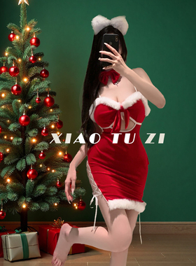 小兔子【约会亮点】性感圣诞节装制服情调丝绒红色氛围紧身睡裙