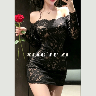小兔子~性感蕾丝一字肩包臀裙女黑色情侣约会内衣秘书睡衣套装