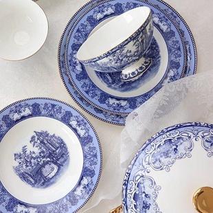 出口欧式 覆古青花描金系列骨瓷精致餐具轻奢平盘汤盘汤锅鱼盘碗