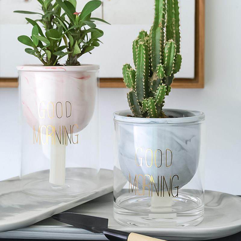 现代简约创意懒人自动吸水多肉花盆陶瓷绿箩玻璃水培花器Ins新款