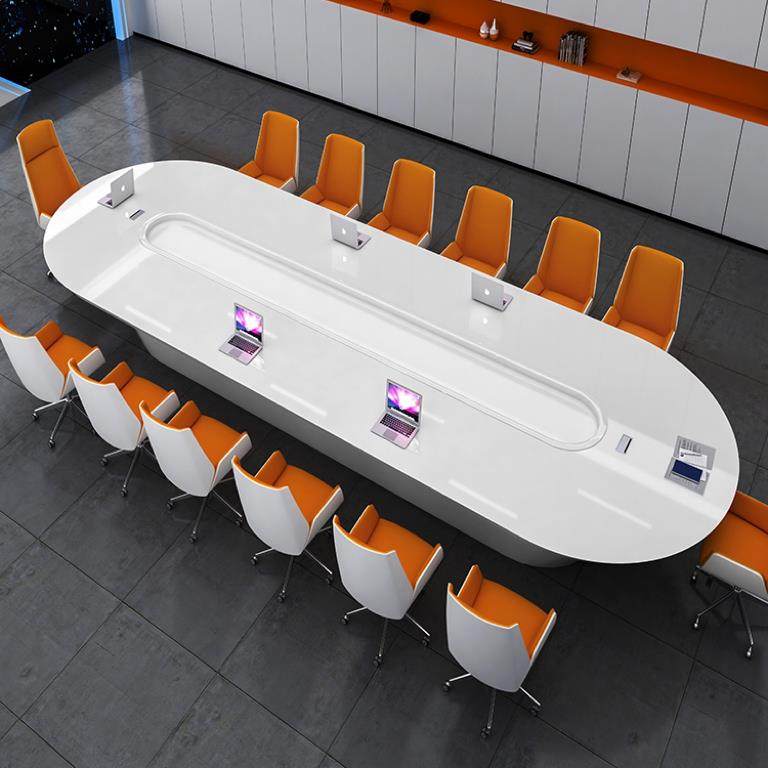 椭圆形烤漆会议桌长桌简约现代洽谈桌大型会议室白色办公桌椅组合