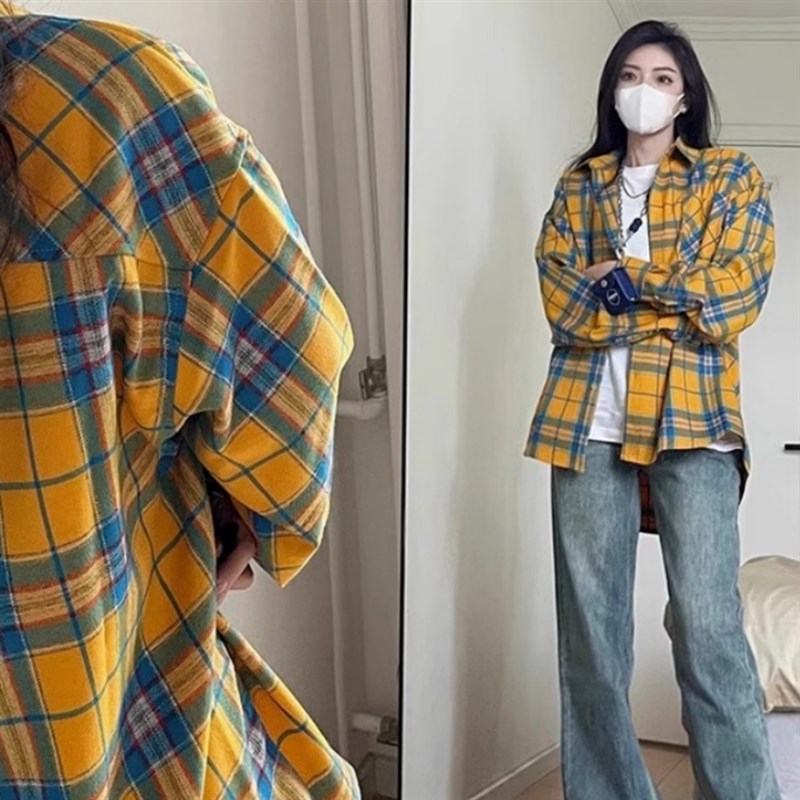法式复古黄色格子衬衫防晒外套女春秋季薄款外穿宽松内搭长袖上衣