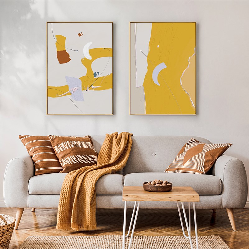 小清新柠檬黄抽象几何色块油画肌理感装饰画餐厅二联儿童房间挂画图片