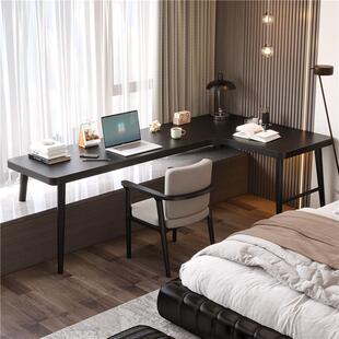 学生窗台黑色双人办公书桌实木家用飘窗转角书桌卧室L型电脑桌