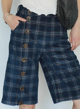 null none 夏季 原创可调节纽扣 斜门襟蓝色格子中裤 休闲裤
