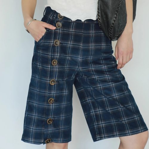 夏季可调节纽扣斜门襟格子中裤