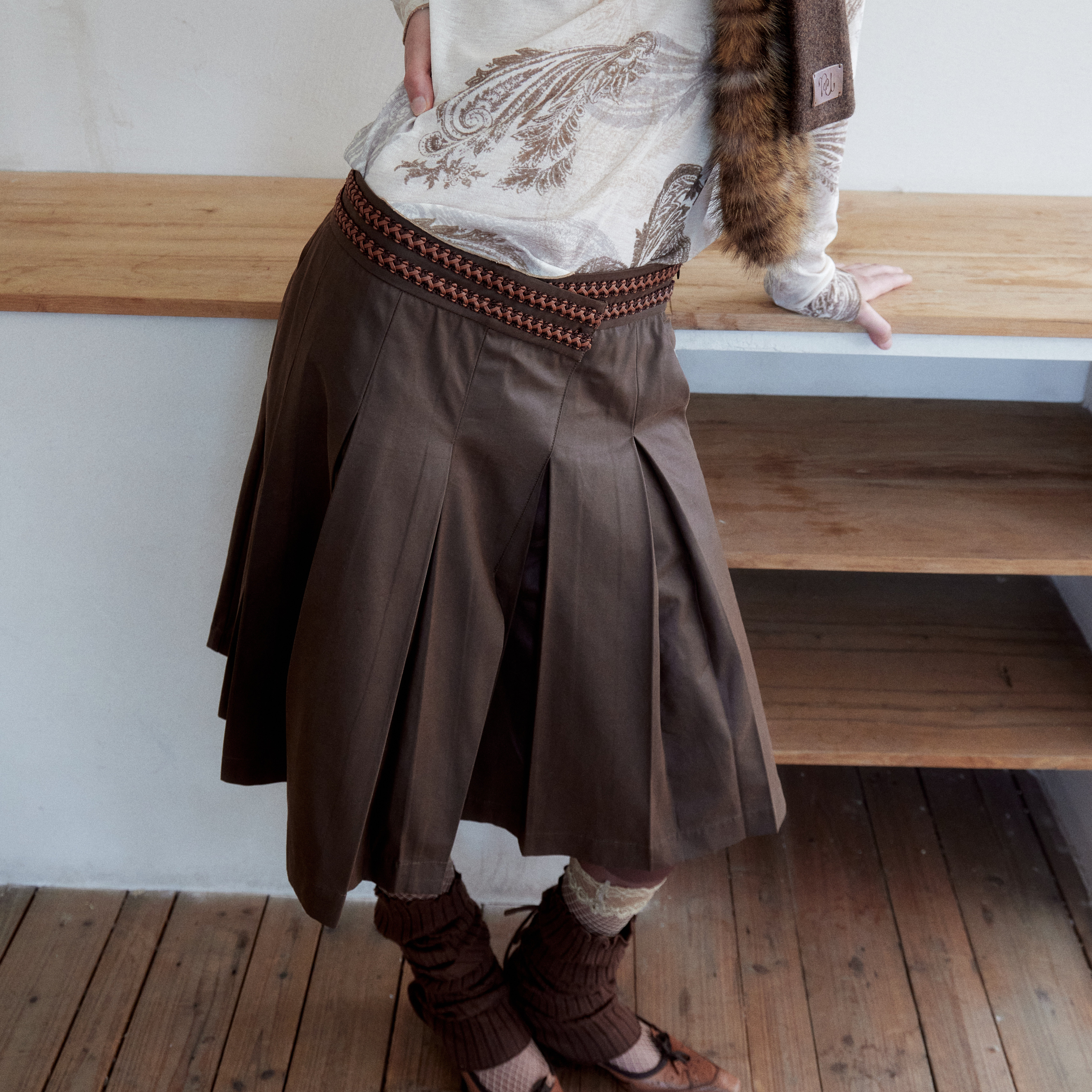 nullnone编织腰头百褶裙