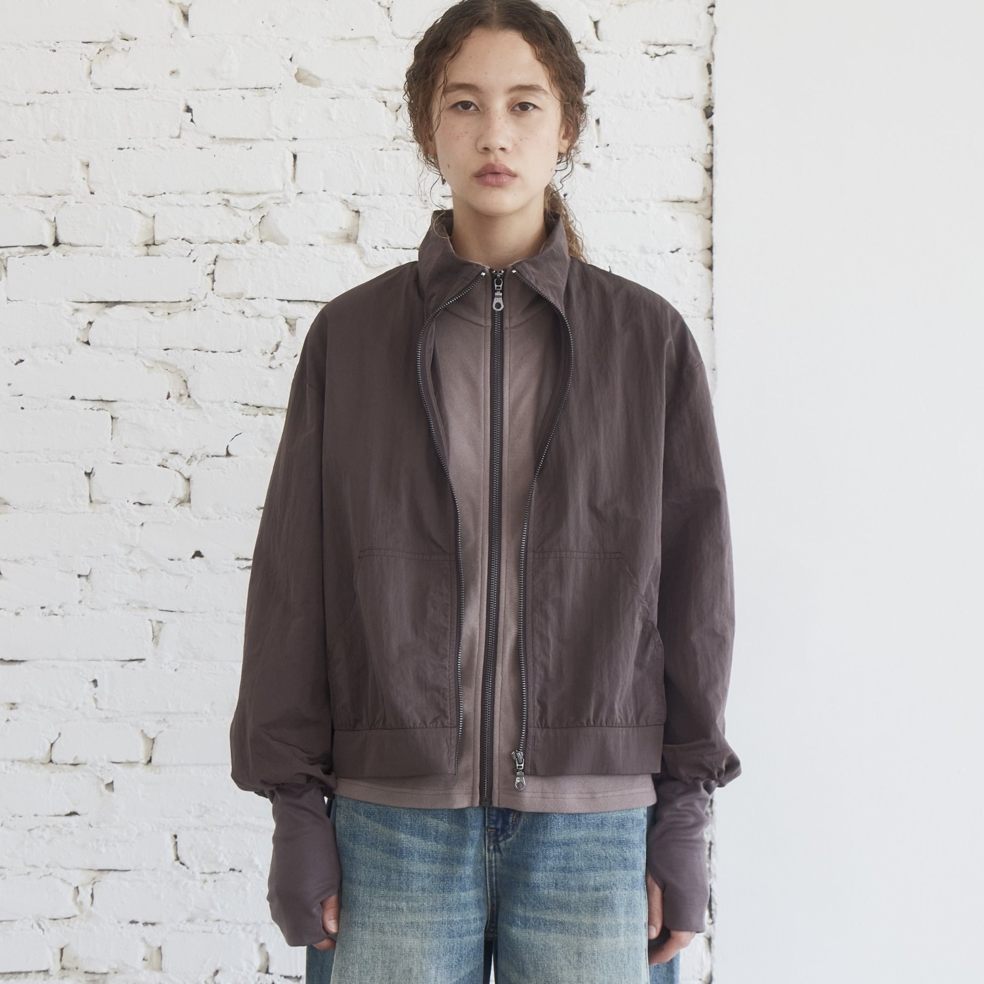 灰紫色双拉链假两件夹克