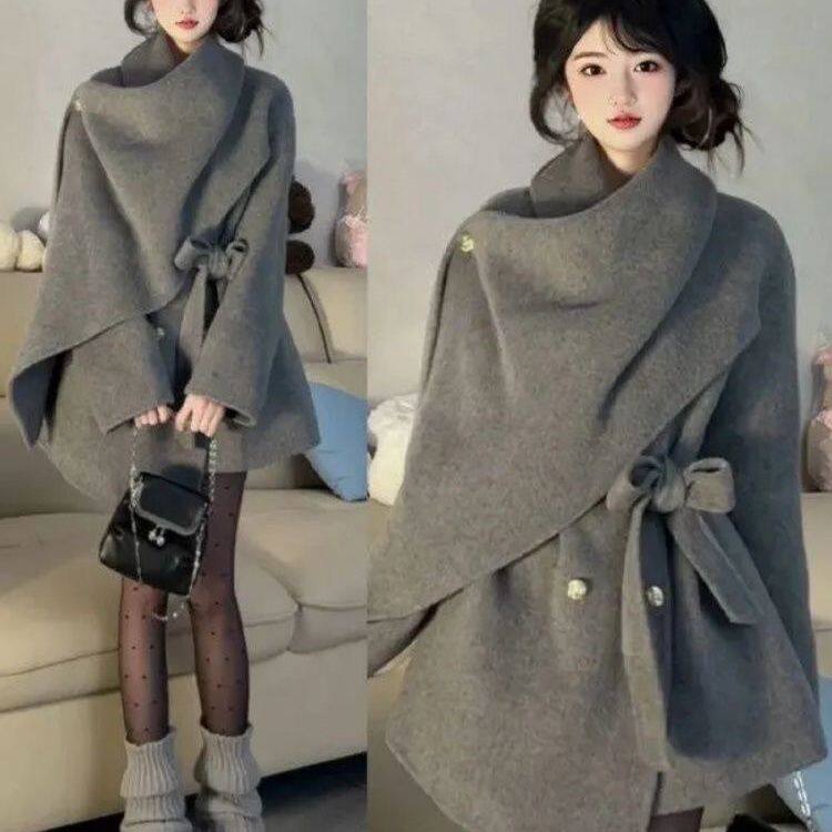 格雷系灰色千金大披肩毛呢外套女26冬款高级感斗篷呢子大衣小个子