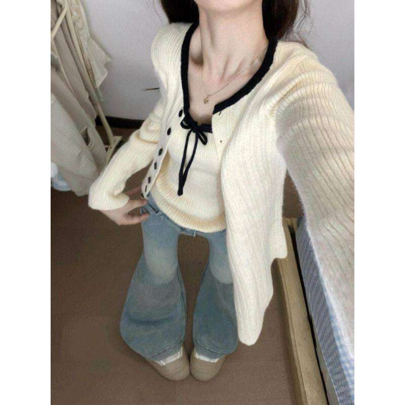 韩系针织开衫配吊带女早秋季新款软糯毛衣外套外搭上衣氛围感穿搭