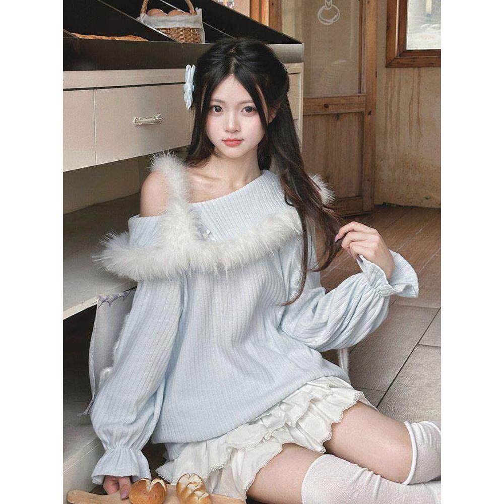 啦啦酱 雪愿 原创设计甜美慵懒秋冬宽松露肩针织上衣蛋糕裙套装秋