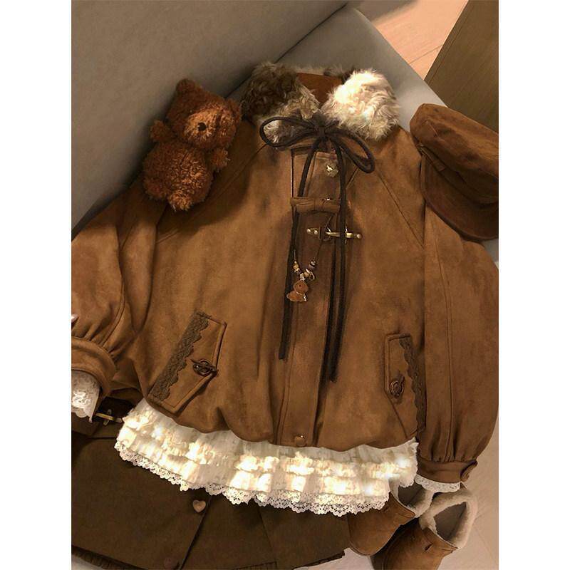 蝴蝶结毛领鹿皮绒棉服女冬季夹棉加厚保暖复古vintage宽松苞外套