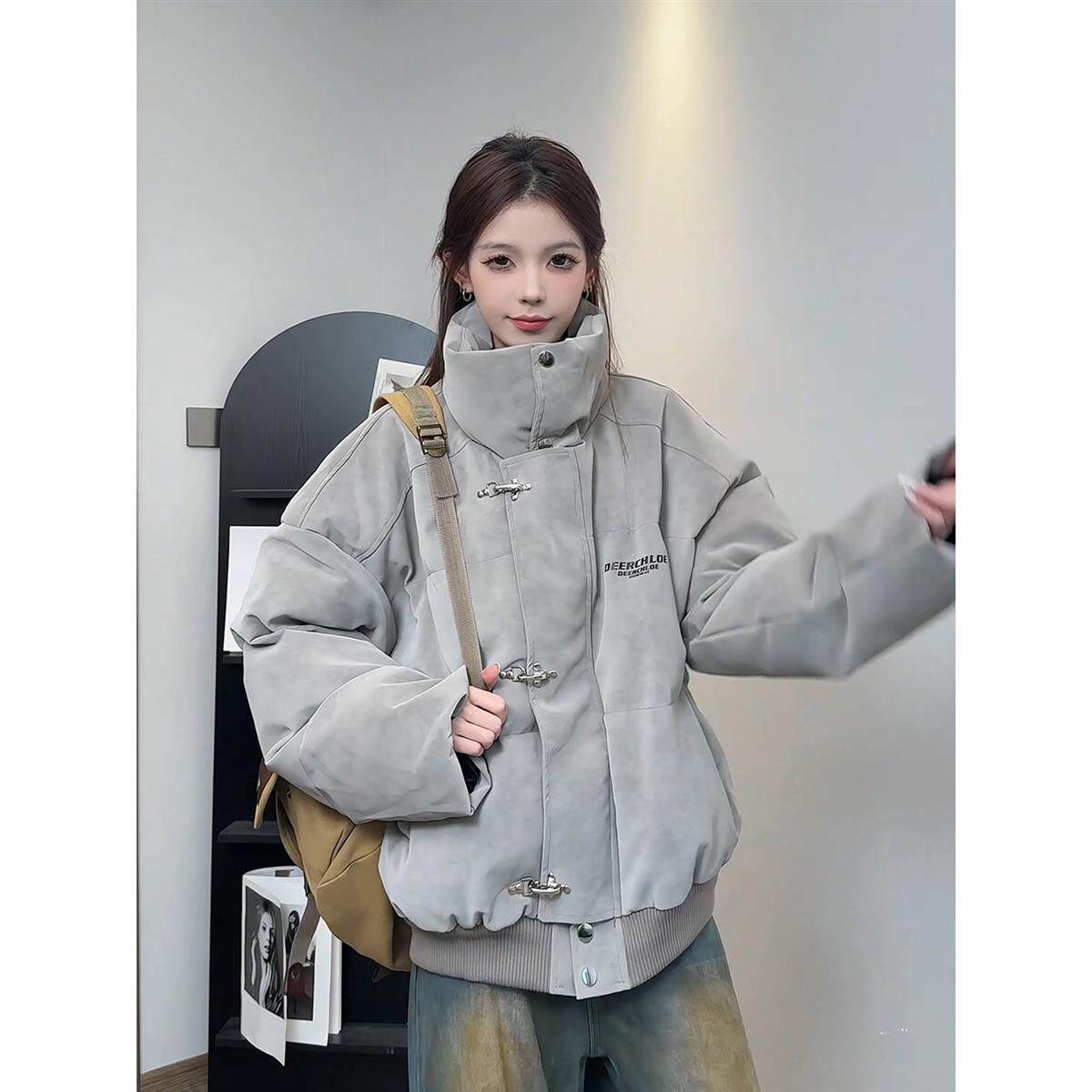 美式扎染PU皮羽绒服男女冬季加厚短款立领飞机扣设计感棉服外套