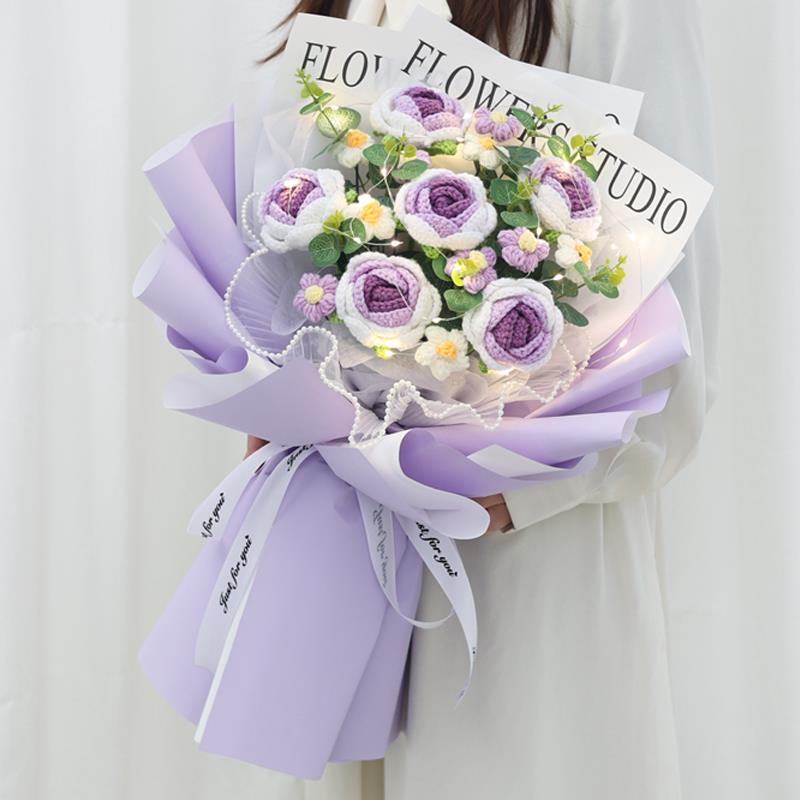 创意生日礼物针织玫瑰花仿真花毛线花成品编织永生花送闺蜜女朋友