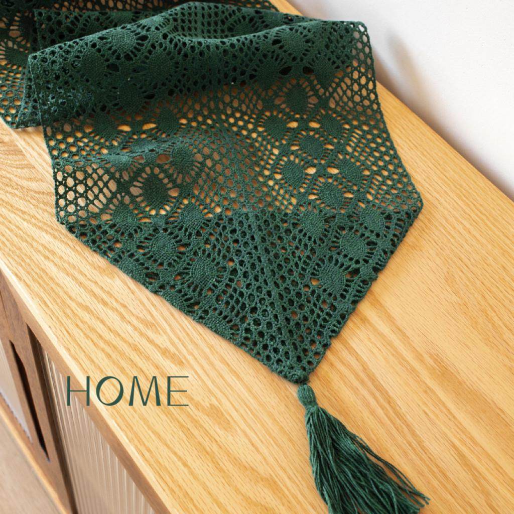 复古墨绿棉线手工钩花桌旗配精致流苏穗边美式乡村茶几电视柜盖巾,居家布艺,桌布,淘宝优惠券,粉丝福利购,淘宝优惠卷