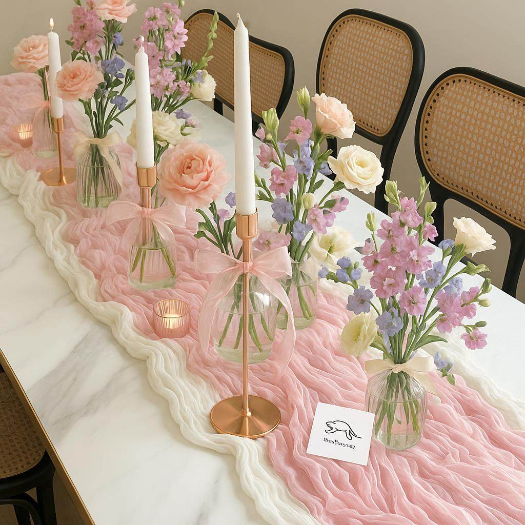 粉色桌布婚礼纱幔甜品台桌旗生日餐桌布置绉布氛围感纱布料蕾丝布