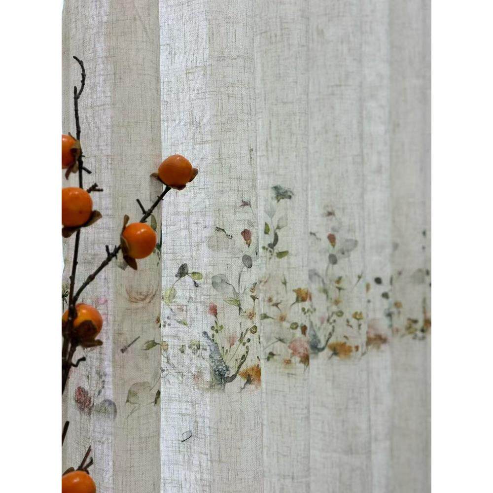 亚麻中式风格透光不透人纱帘客厅书法竹子繁花云朵田园棉麻窗纱