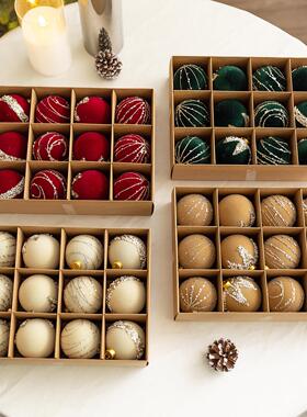 冬倾圣诞节6cm酒红色植绒盒装球diy挂饰绿色彩绘球圣诞树挂件吊球