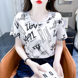 纯棉百搭半袖 潮流设计感女夏装 上衣夏季 新款 女 白色印花t恤女短袖