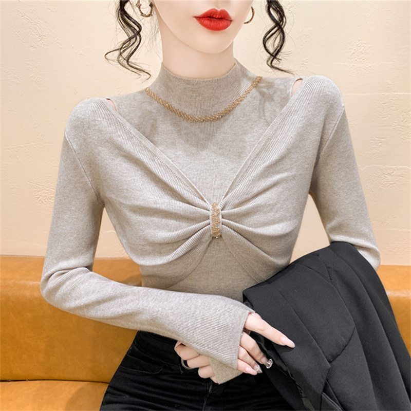 重工钉珠半高领拼接针织打底衫女