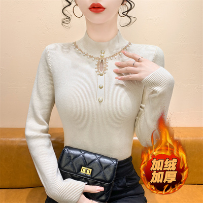 加绒加厚钉珠半高领针织毛衣打底
