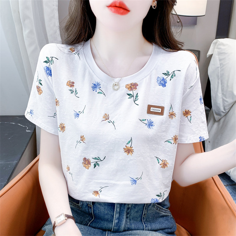 女士纯棉薄款夏装短袖新款宽松显瘦百搭小碎花印花甜美t恤女上衣