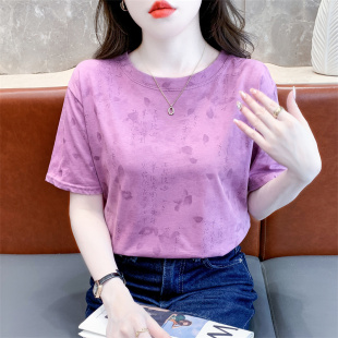 紫色小众别致印花t恤女上衣 国风女夏装 短袖 新款 宽松百搭圆领女装