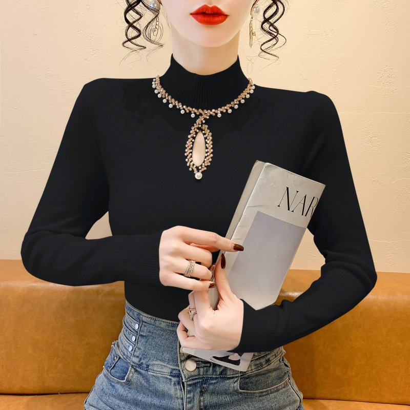 重工钉珠针织毛衣女秋冬新款修身显瘦内搭半高领打底衫女秋衣上衣