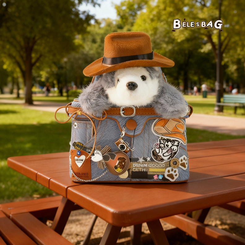 BELE新款时尚通勤女生哈士奇牛仔包包可爱相机包单肩斜挎手提包