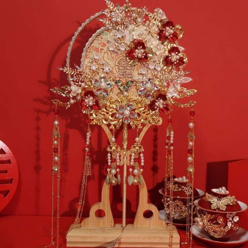 团扇结婚新娘秀禾材料中式出嫁喜扇明制手工婚扇子成品双面