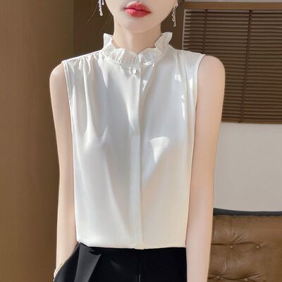 【下单立减50】Z时尚气质花边法式缎面无袖木耳衬衫打底衫女NY160