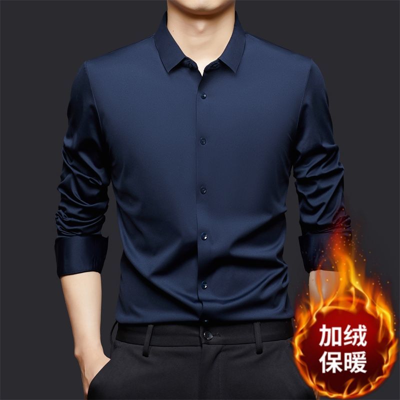L加绒加厚衬衫冬季中年男士大码免烫弹力保暖衬衣打底衫GG380