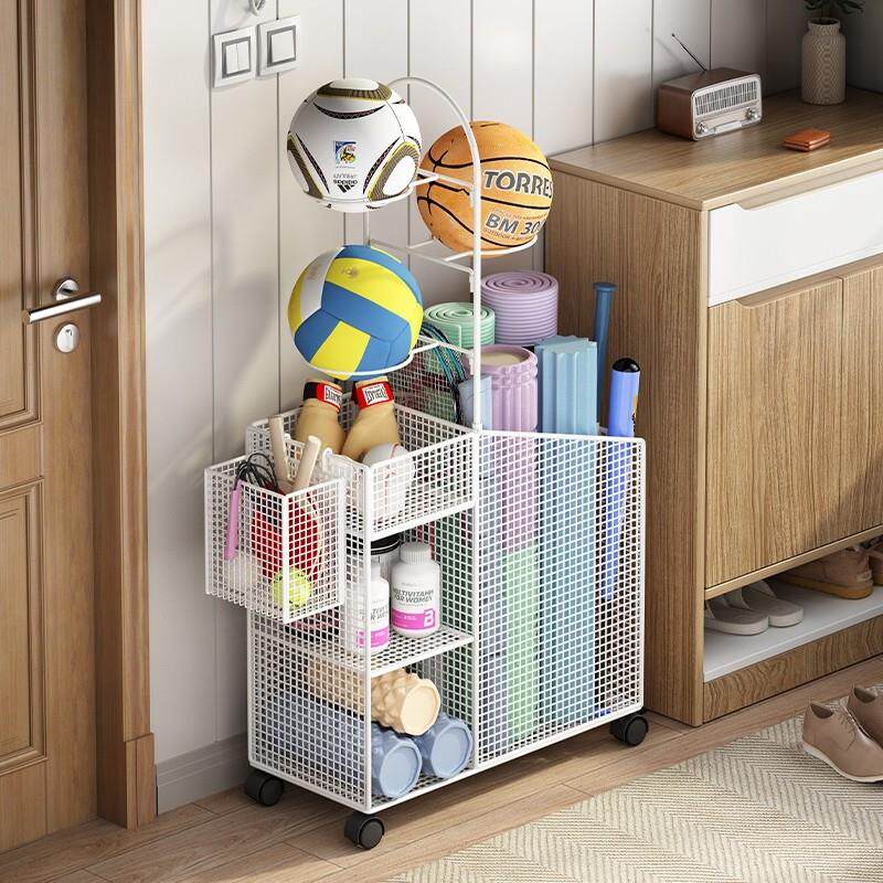 篮球收纳层架家用运动健身器材置物架羽毛球类瑜珈垫收纳筐带轮储