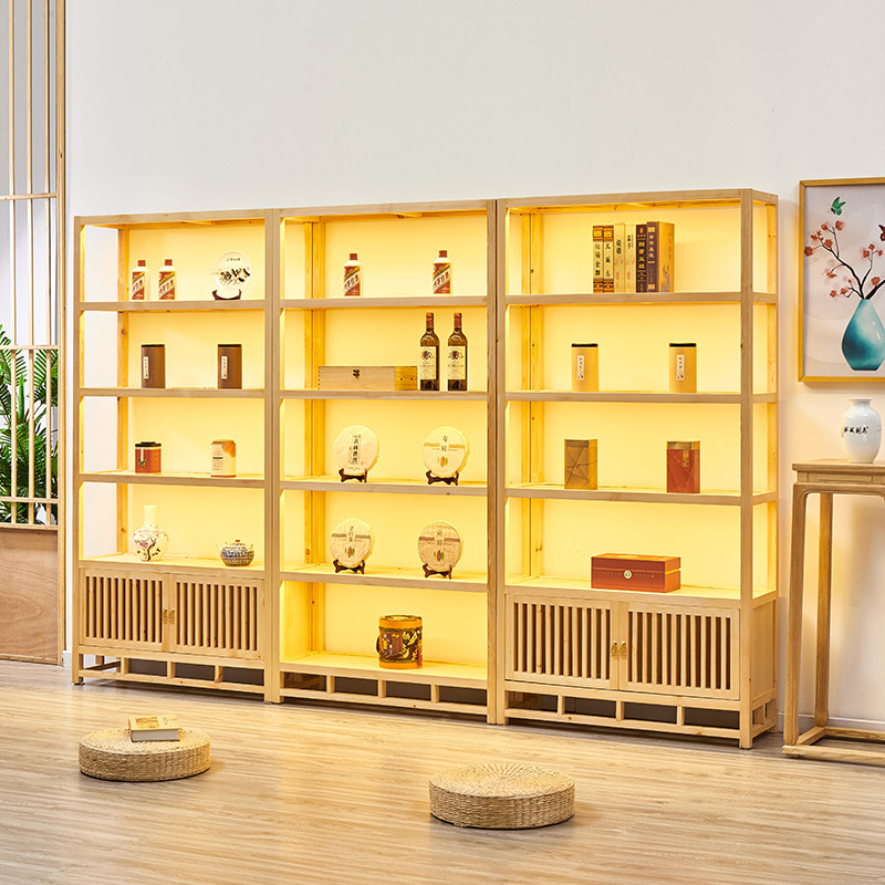 茶叶店陈列柜展示柜书架实木带灯茶具普洱茶饼展示架货架