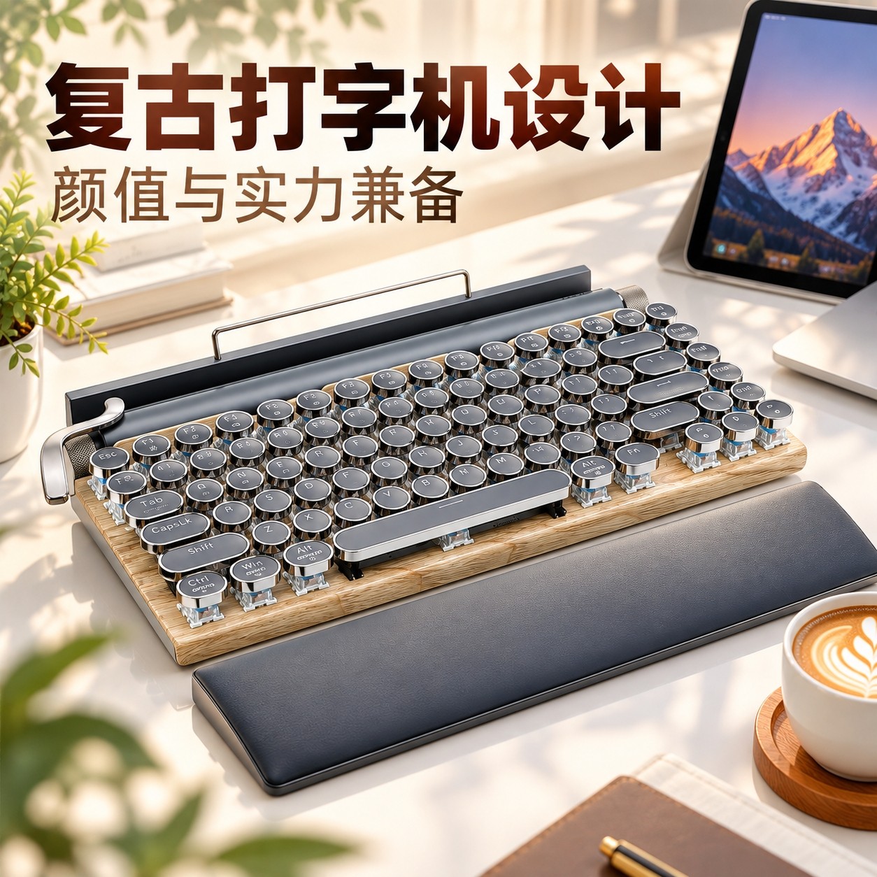 OUSEI 复古打字机机械键盘 青轴 无线蓝牙 热插拔 带手托办公键盘
