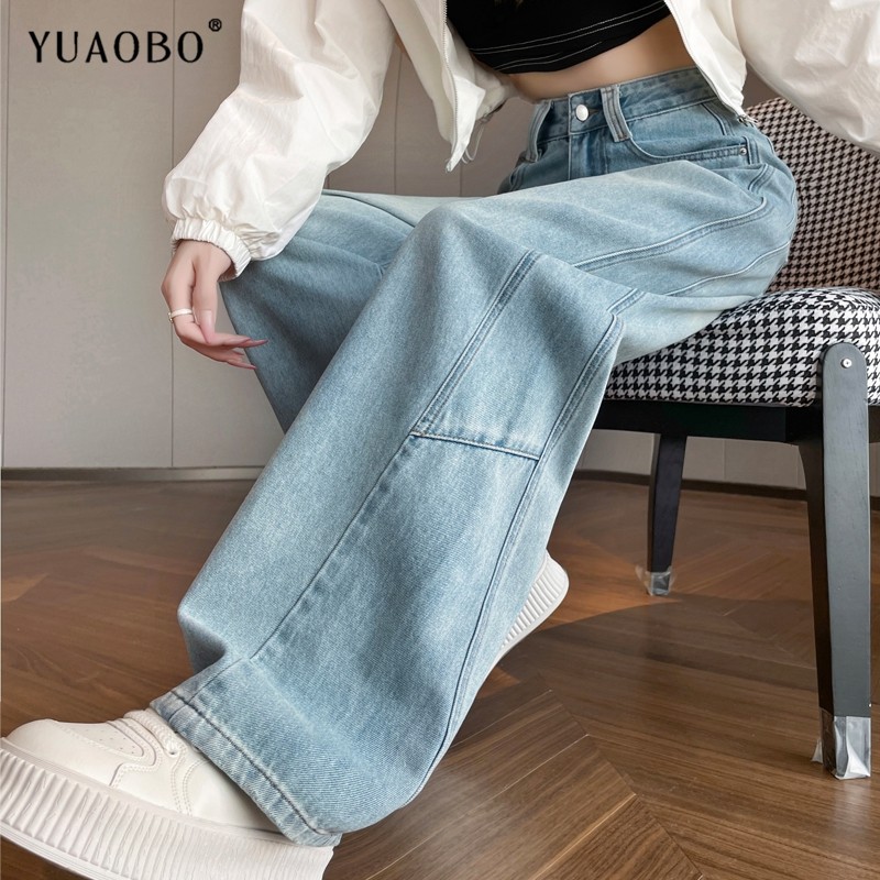 新款阔腿牛仔裤女士秋季高腰窄版浅色复古设计感超百搭休闲直筒裤