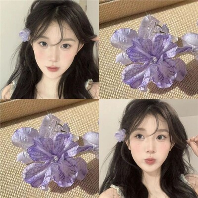 韩系紫山茶花朵小抓夹发海边拍照