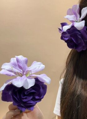 韵紫色系玫瑰花朵发氛围感鸭嘴夹