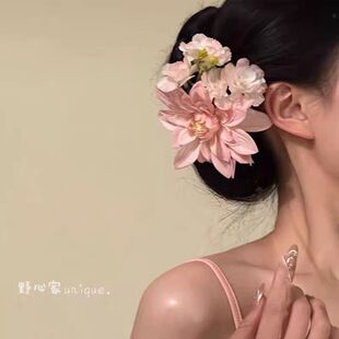 春日新款花朵头饰桃粉雾超仙森系唯美发夹粉色花朵高级侧边夹头饰