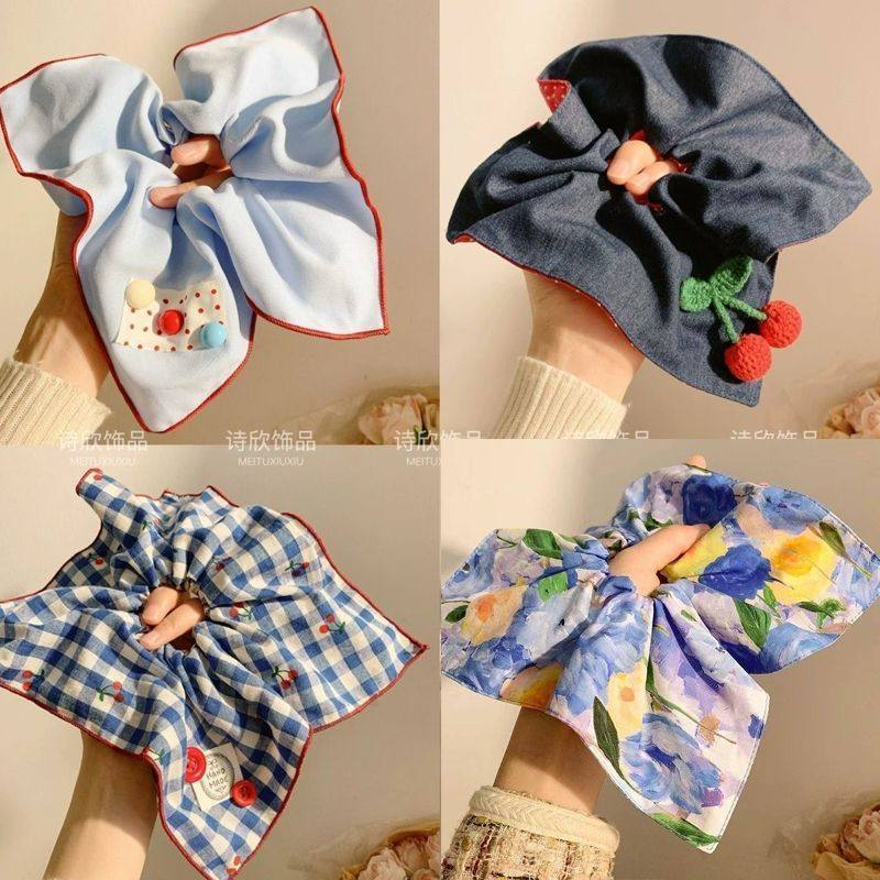 韩系百搭糖豆蓝色方巾大肠发圈女高级感慵懒风超大方形头绳发饰