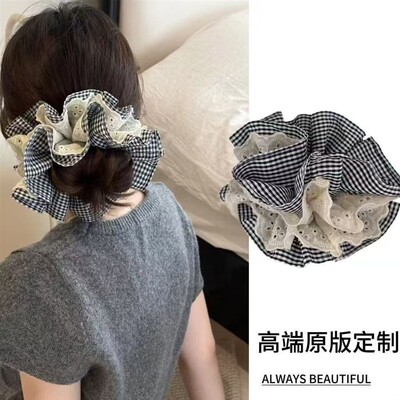 新款双层蕾丝格子大肠发圈女法式