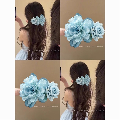渐变蓝花朵懒人夹设计感仿真花朵