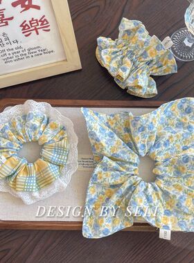 2025新款可露丽风金丝雀玫瑰黄色碎花发圈韩版拼色蕾丝花边小蛮腰