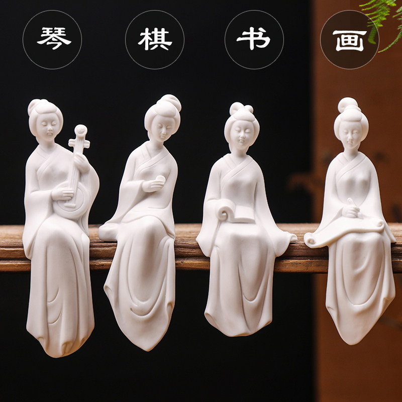 精品白瓷手工古典礼品中式陶瓷人物小摆件琴棋书画仕女家居装饰品