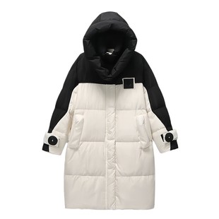 高级感撞色连帽棉服女冬2024新款 过膝宽松加厚大被子棉衣 长款
