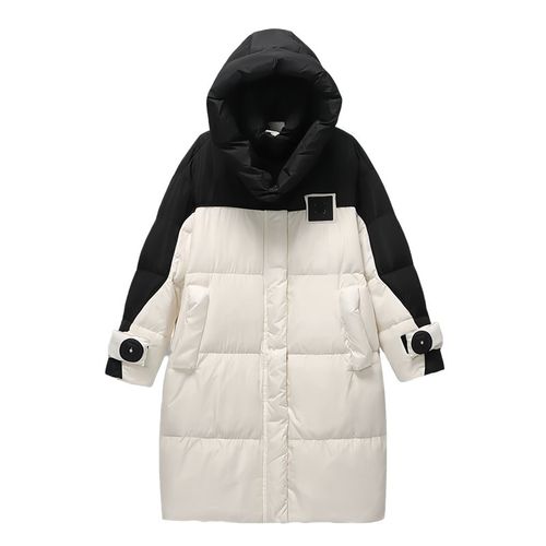 高级感撞色连帽棉服女冬2024新款长款过膝宽松加厚大被子棉衣