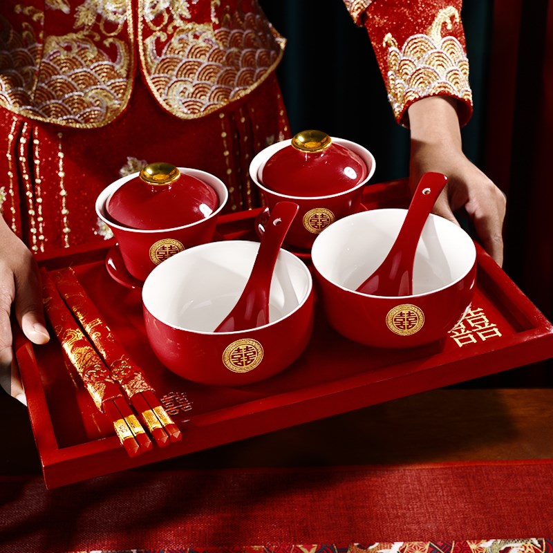 结婚敬茶杯跪垫套装红色喜碗中式改口茶杯一对新婚陪嫁碗筷茶具