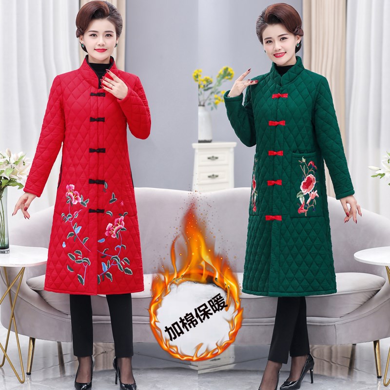 中老年女装棉衣民族风唐装绣花加厚大码中长款妈妈装冬季棉服外套