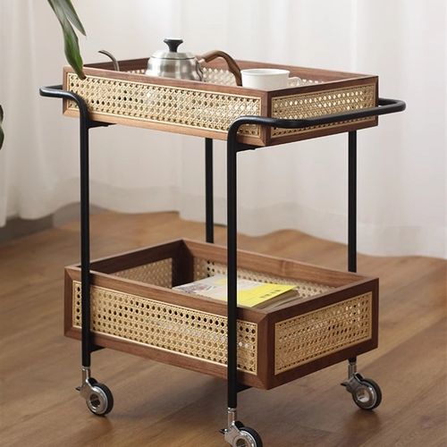 中古橡木小推车可移动收纳餐车边几角几置物架藤编客厅